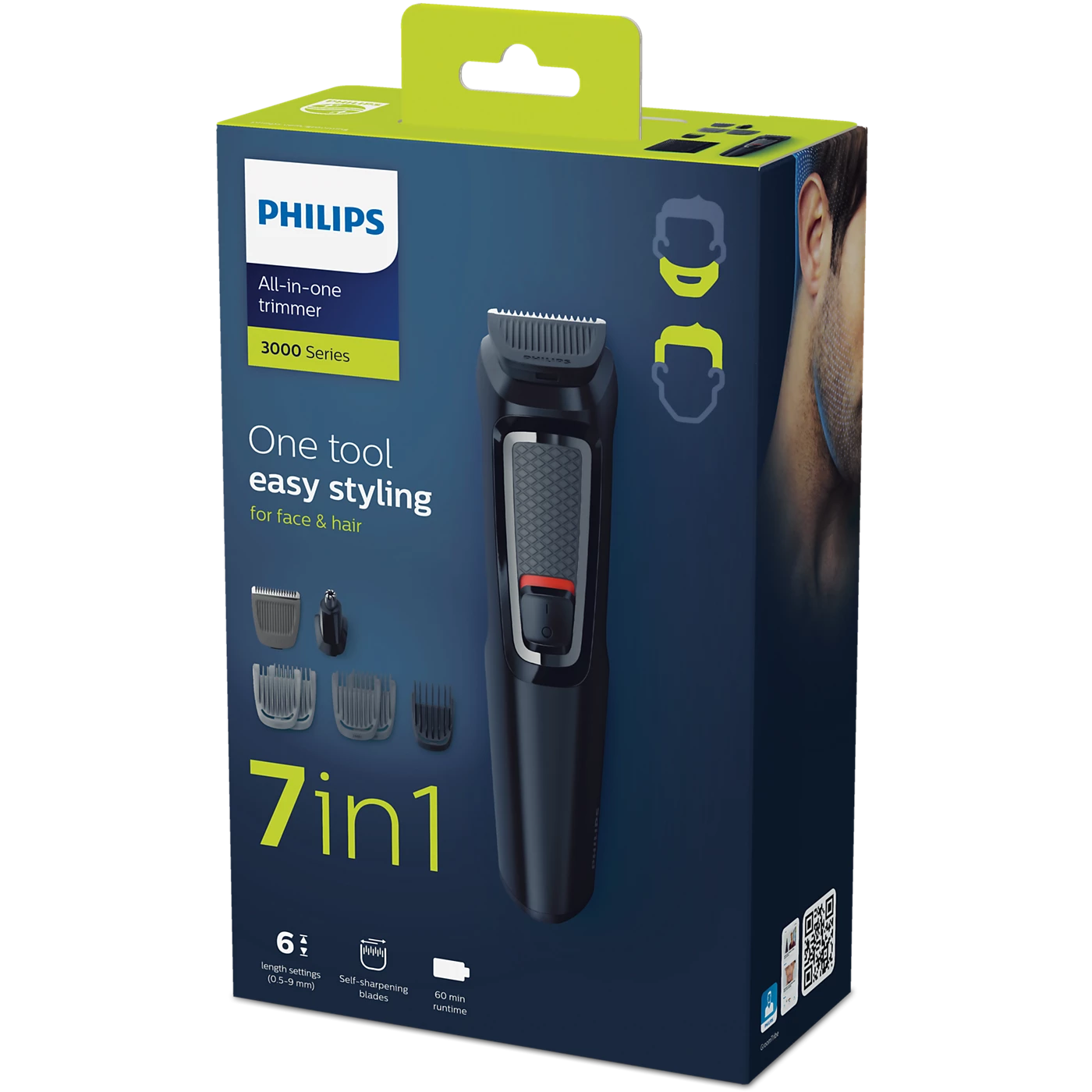 Aparat de tuns barba si parul 7 in 1 PHILIPS Multigroom MG3720/15, Lame cu ascutire, acumulator, 2 piepteni aspect nebarbierit, 2 piepteni barba, 1 pieptene par, Negru