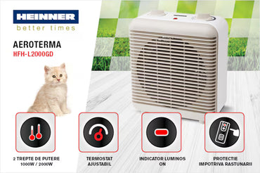 Aeroterma Heinner HFH-L2000GD, 2000 W, 2 trepte de putere, termostat reglabil, Alb/Auriu