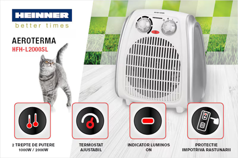 Aeroterma Heinner HFH-L2000SL, 2000 W, 2 trepte de putere, termostat reglabil, Alb