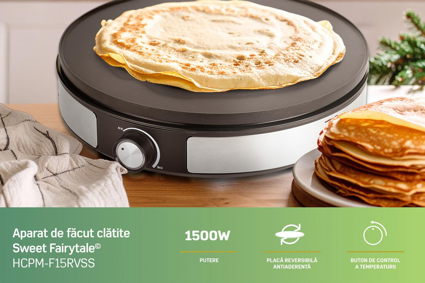 Aparat de facut clatite 2 in 1 HEINNER HCPM-F15RVSS, 1500 W, Placa reversibila 33cm, Invelist antiaderent, Control temperatura Inox/Negru