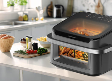 Friteuza dubla cu aer cald HEINNER AirBake Revolution HAF-C10DB22GREY, 10 l, 2200 W, 12 programe, Timer, 2 ferestre, Lumina interioara automata, Termostat 80-200 C Gri