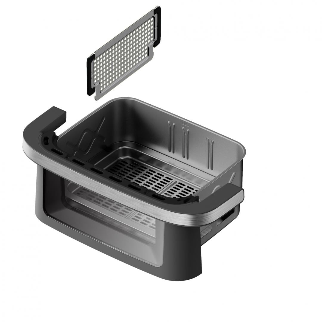 Friteuza dubla cu aer cald HEINNER AirBake Revolution HAF-C10DB22GREY, 10 l, 2200 W, 12 programe, Timer, 2 ferestre, Lumina interioara automata, Termostat 80-200 C Gri