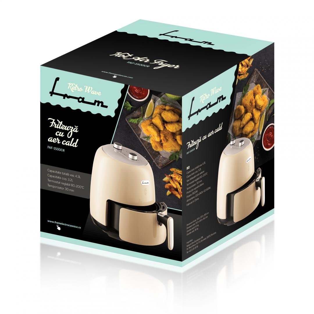 Friteuza cu aer cald FRAM Airfryer FAF-1500CR, gatire fara ulei, 1500W, capacitate cos 3.2L, vas detasabil anti-adeziv, termostat reglabil 80-200˚C, timer 30 min, crem