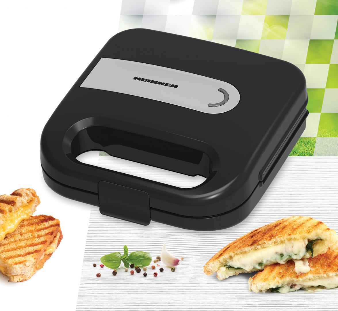 Sandwich maker HEINNER ELITESNACK SM-K750FSBK, 750w, capacitate: 2 sandwich-uri, placi antiadezive fixe tip sandwich, negru
