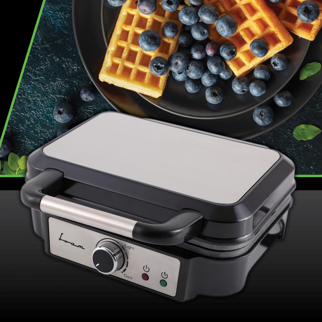 Aparat de facut gofre/vafe Fram FAG-M1000BKSS, 1000W, capacitate 2 gofre, placi fixe cu invelis antiaderent, temperatura ajustabila, indicator luminos, decoratiune inox capac, maner si panel, negru/gri