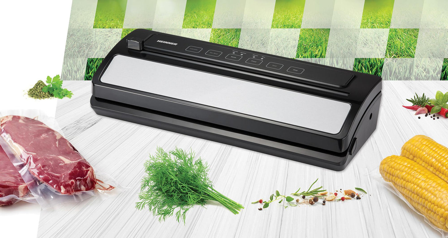 Aparat de vidat si sigilat Heinner FreshLock 110SS HAV-E110SS, vidare umeda /uscata, vidare caserole, panou de comanda tactil, furtun pentru vidarea caserolelor, cutter incorporat, compatibil cu pungi cu latimea de 30cm, capacitate vidare: 10L/min, 110W