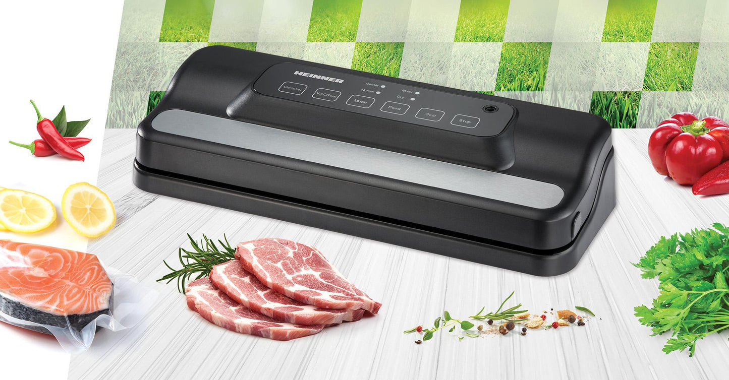 Aparat de vidat si sigilat Heinner FreshLock 110SS HAV-E110BKSL, vidare umeda /uscata, vidare caserole, panou de comanda tactil, furtun pentru vidarea caserolelor, cutter incorporat, compatibil cu pungi cu latimea de 30cm, capacitate vidare: 12L/min, 110W