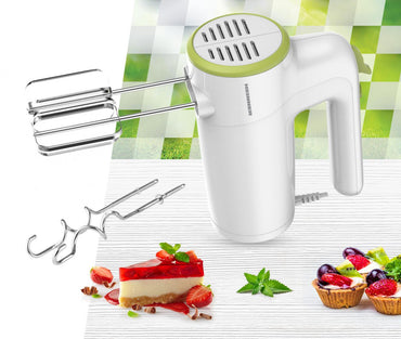 Mixer de mana HEINNER HM-300GR, 300w, 6 viteze+turbo, 2 seturi accesorii inox, alb/verde