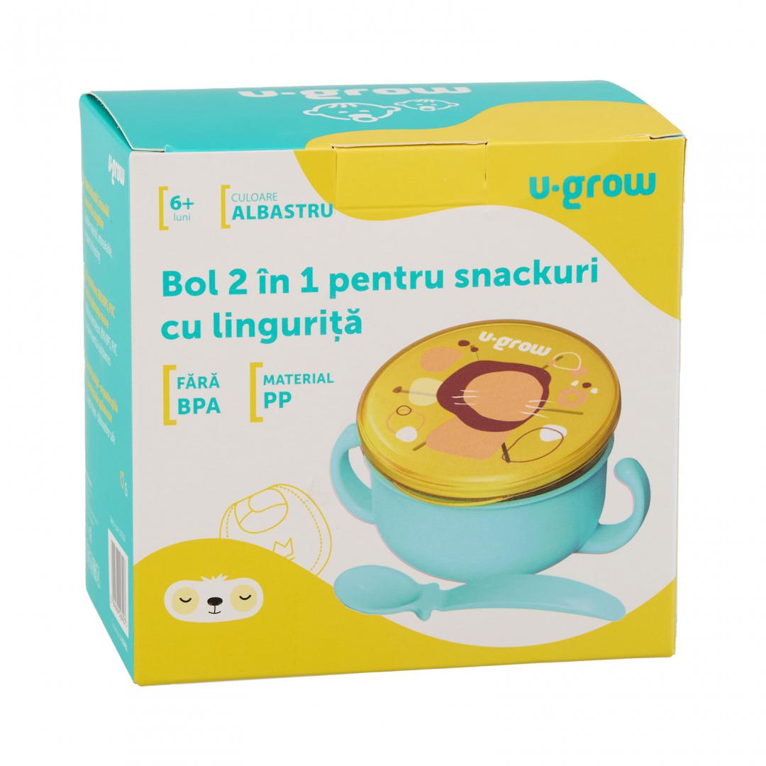 Bol 2 In 1 Pentru Snackuri Si Lingurita, Blue, U-Grow