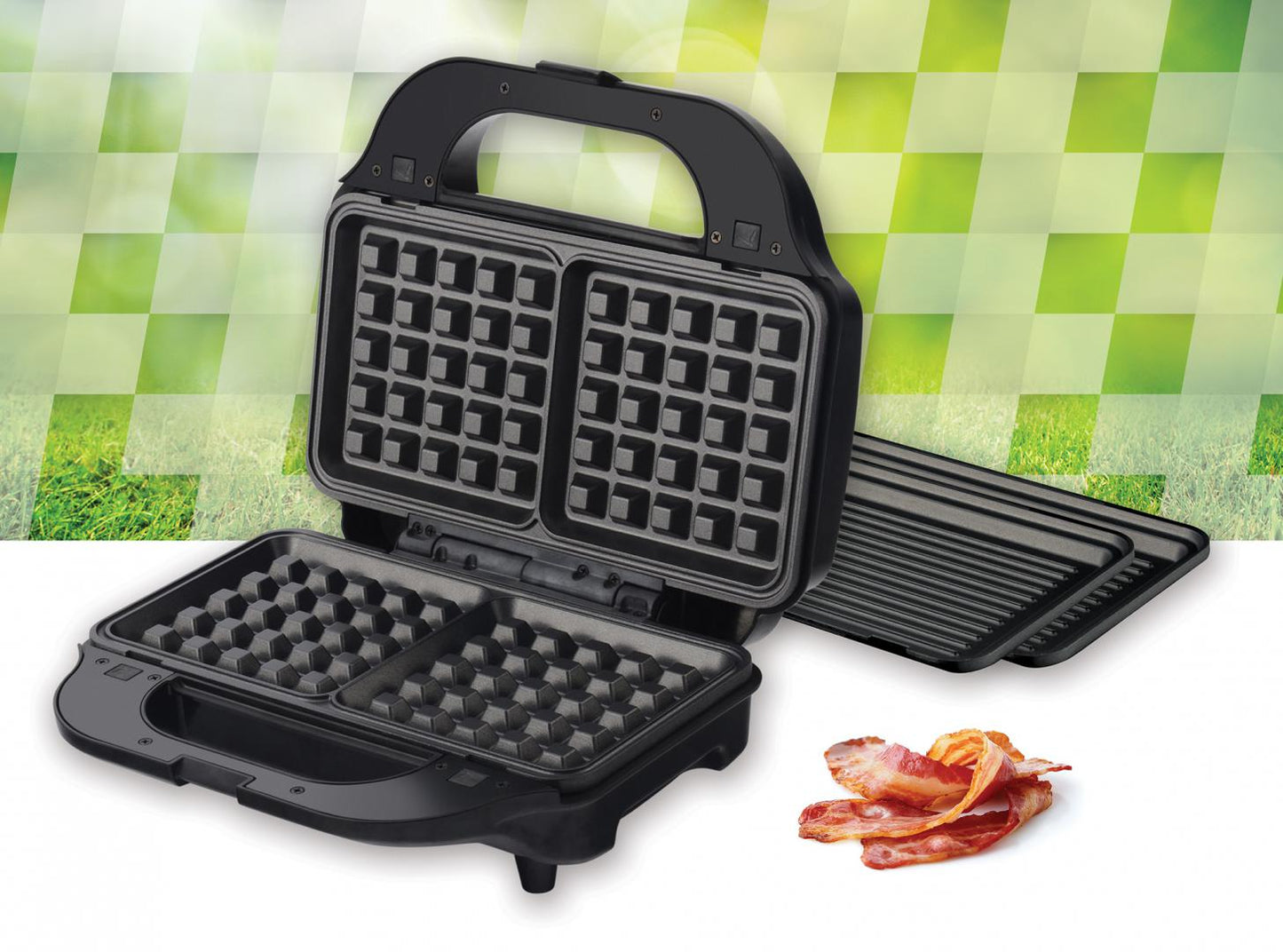 Sandwich maker Heinner SM-2H900BKS, 900 W, placi XL, 2 placi detasabile antiadezive: waffle, grill, Negru/Rosu