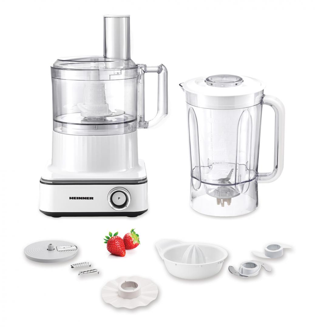 Robot de bucatarie Heinner FineGourmet FHP-K1000WP, 1000W, 6 viteze+pulse, bol procesare: 2.3L, lame inox, disc framantare, 3 lame feliere, disc emulsifiere, cana plastic 1.5l, storcator citrice, alb