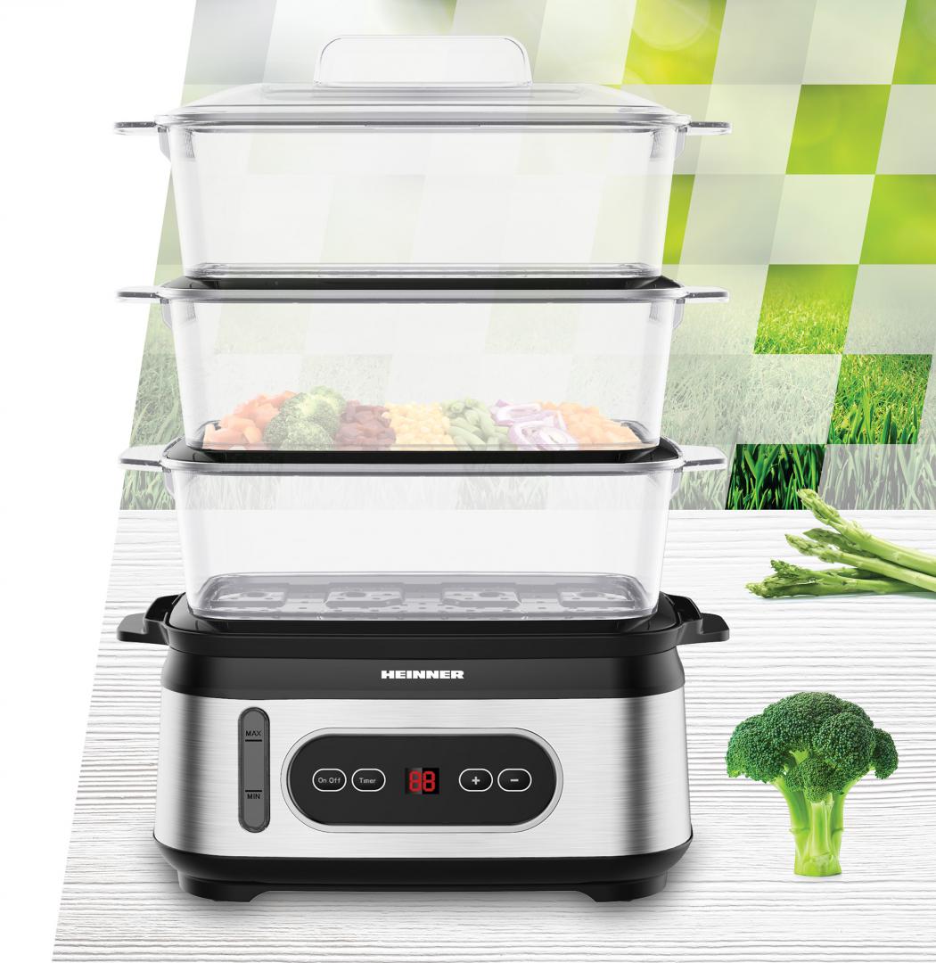 Aparat de gatit cu aburi Heinner HSA-D950SS, 800-950W, display LED, 9L, 1.5L, trei vase pentru gatire BPA free, temporizator 60 min, indicator luminos, protectie impotriva functionarii fara apa, cablu alimentare, insertii inox, negru/argintiu