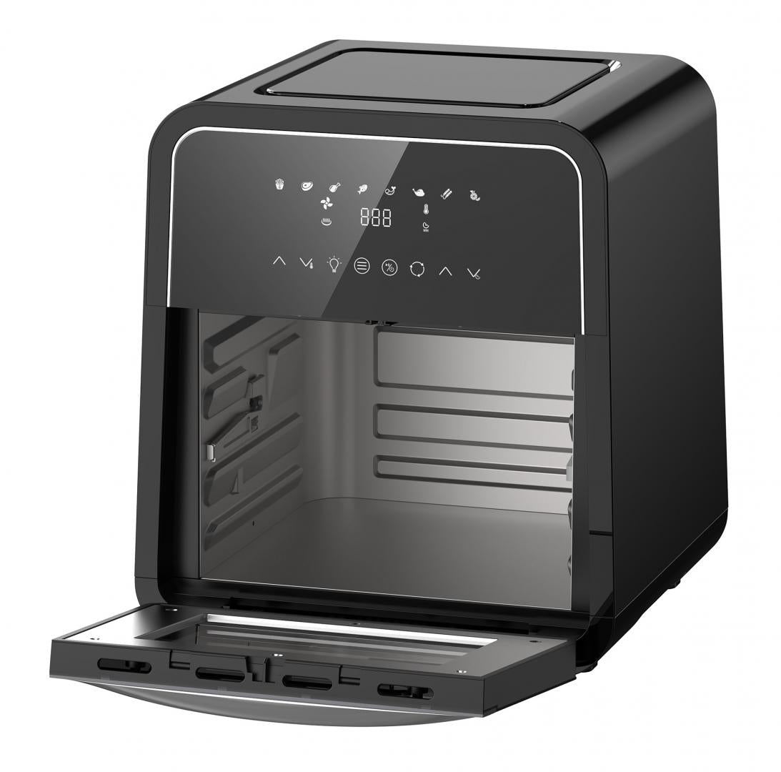 Friteuza cu aer cald Heinner Masterfry HAF-B12BK2000, 2000w, functie cuptor, capacitate: 12l, display digital cu control touch, timer 60 min, deshidratare 24h, temperatura 30-200 grade, 8 programe presetate, 3 nivele de gatire, oprire automata, negru