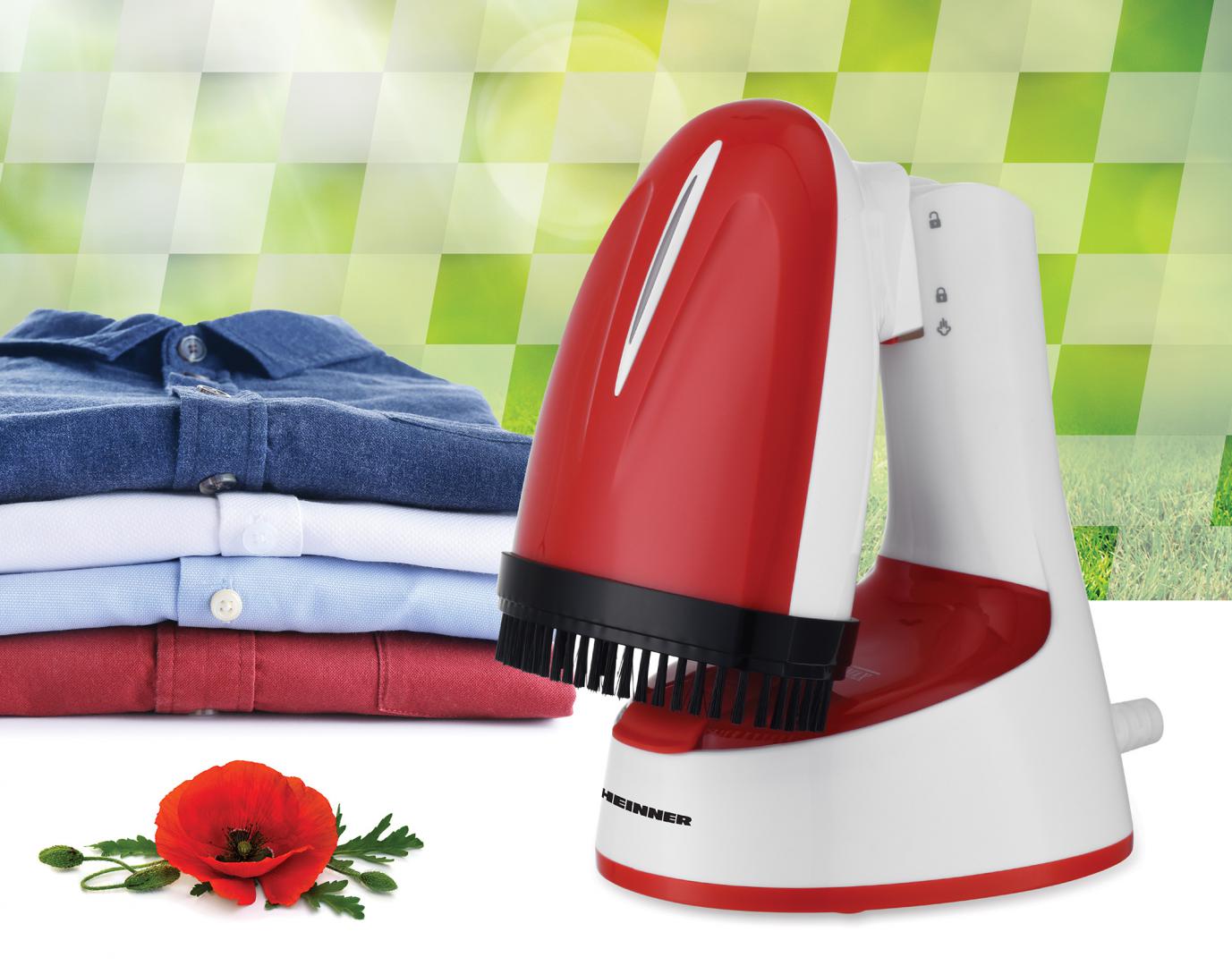 Aparat de calcat vertical Heinner Charon HGS-1400RD, 1240-1470W, talpa din inox, abur continuu cu buton blocare, rezervor apa fix, pliabil pentru depozitare usoara, perie inclusa, debit abur 18+-4g/min, capacitate rezervor apa 120ml, alb/rosu