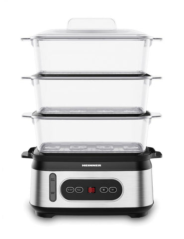 Aparat de gatit cu aburi Heinner HSA-D950SS, 800-950W, display LED, 9L, 1.5L, trei vase pentru gatire BPA free, temporizator 60 min, indicator luminos, protectie impotriva functionarii fara apa, cablu alimentare, insertii inox, negru/argintiu