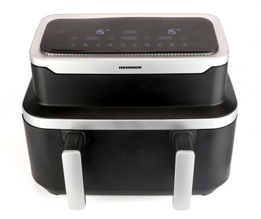 Friteuza dubla cu aer cald Heinner match&sinc HAF-DDB9BK26, 2600w, capacitate totala 9l, control digital individual, termostat reglabil 60-200 grade, negru