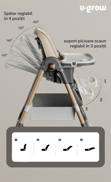 Scaun de masa cu inaltime reglabila, spatar ajustabil in 4 pozitii, pliabil, brown, U-Grow