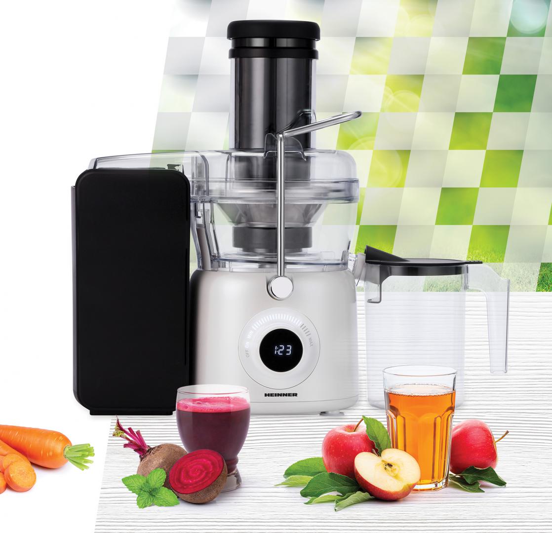 Storcator de fructe Heinner Pearlwhite HSF-K1000DCWP, 1000W, motor DC, viteza variabila, recipient pulpa 1L, filtru inox, tub larg alimentare 84mm, alb perlat