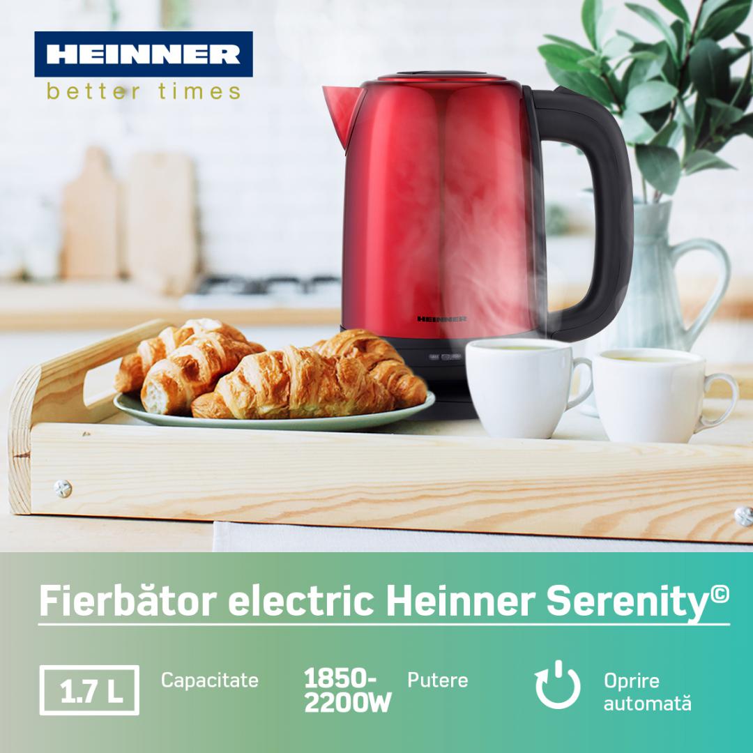 Fierbator electric Heinner HEK-2200RDSS, 1850-2200w, 1.7l, carcasa inox, filtru detasabil, Rosu