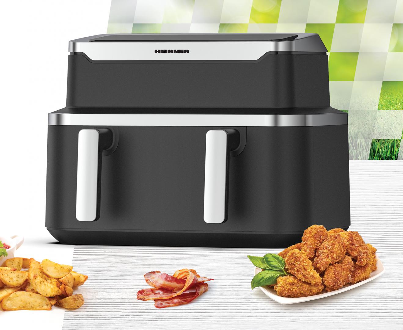 Friteuza dubla cu aer cald Heinner match&sinc HAF-DDB9BK26, 2600w, capacitate totala 9l, control digital individual, termostat reglabil 60-200 grade, negru