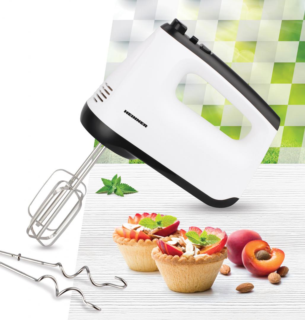 Mixer de mana Heinner White Orchid HM-400WHBK, 400W, 6 viteze + Turbo, teluri si carlige din inox, Alb/Negru