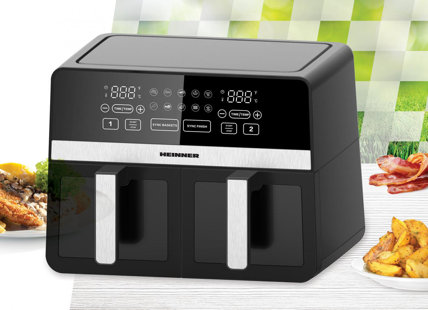 Friteuza dubla cu aer cald Heinner SimCook HAF-K10DB24BK, 2400W, capacitate 9.5L, termostat reglabil cu afisaj LED, control digital individual, 10 programe prestabilite, temporizator 60 min. cu avertizare sonora, Negru