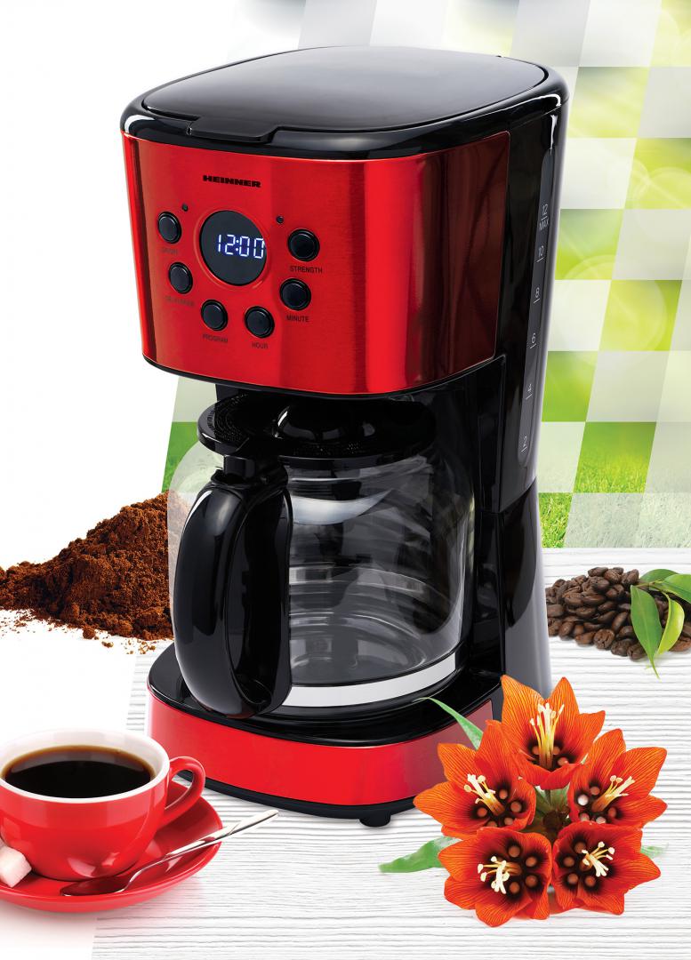 Cafetiera digitala Heinner HCM-1500RDIX, 900 W, 1.5 L, Timer, Display Led, fara BPA, Rosu/Negru