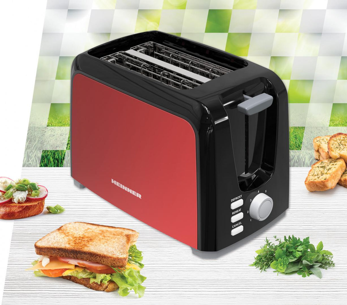 Prajitor de paine Heinner Tasty 700BKRD HTP-700BKRD, 2 felii, 7 niveluri de rumenire, functii: Decongelare, Reincalzire, Autocentrare a feliilor de paine, Tavita pentru firimituri detasabila, Spatiu depozitare cablu, Ornamente din inox, 750W, Negru/ Rosu