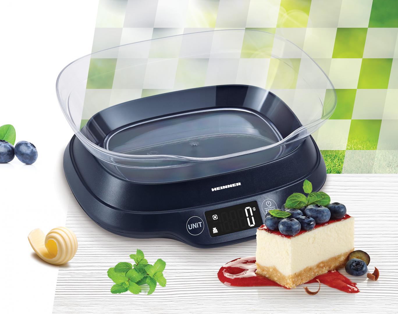 Cantar de bucatarie cu bol Heinner HKSB-TC5P, 5 Kg, 1 g, touch control, tara, functie cantarire lichide, display LCD, bol plastic