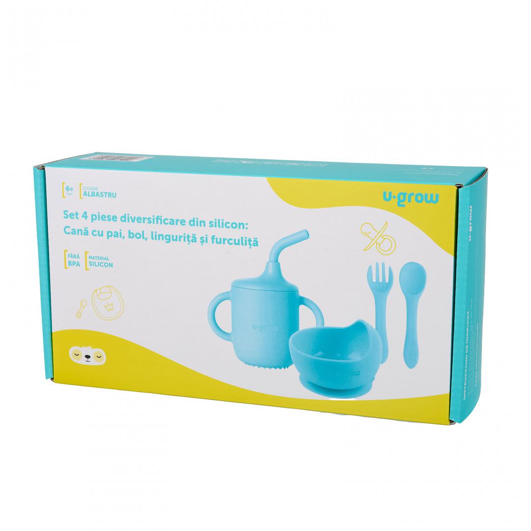 Set 4 Piese Diversificare Din Silicon: Cana Cu Pai, Bol , Lingurita Si Furculita, Blue, U-Grow