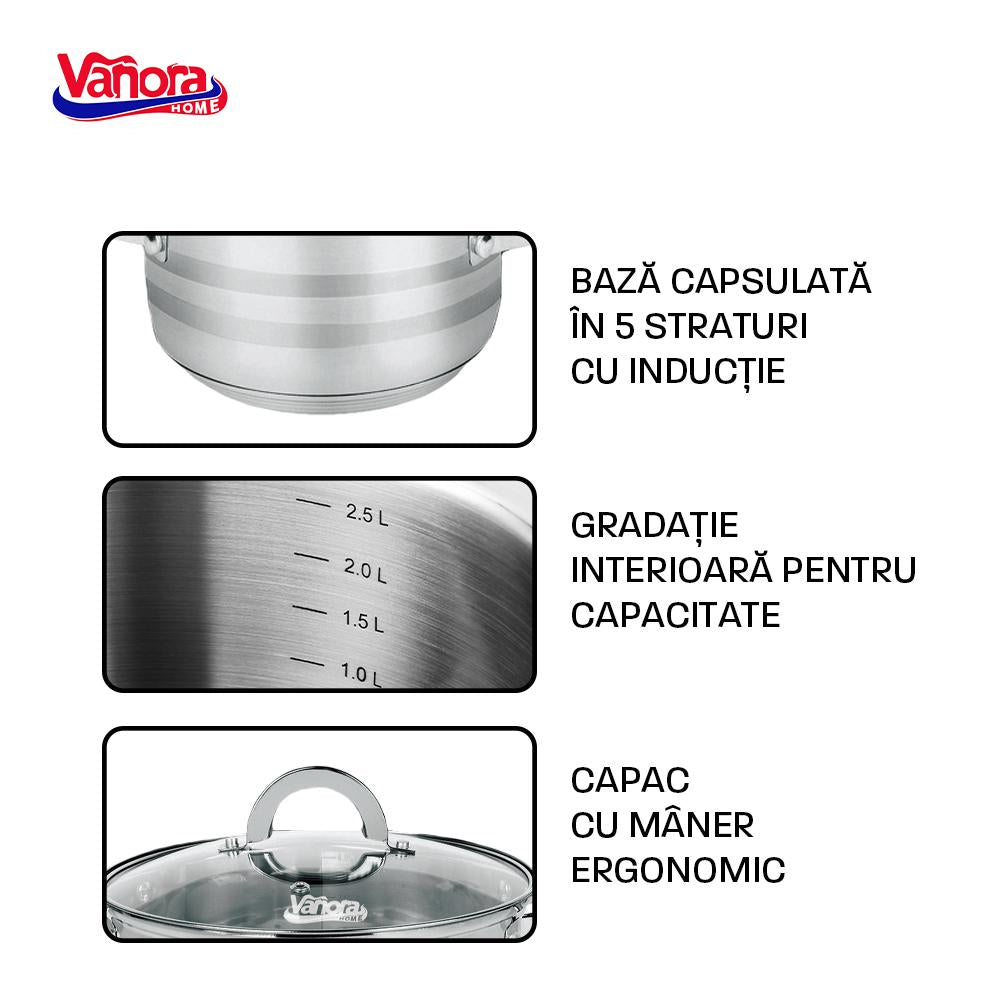 Set de oale pentru gatit Vanora Home Medina, 8 piese, inox, inductie, 16/18/22/24 cm, 1.8/2.5/4.5/6 L