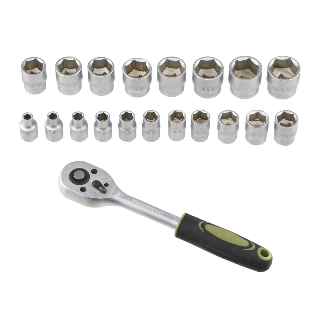 Set 20 piese Heinner CR-V, 3/8", 19 chei tubulare 6-24 mm dimensiune, cheie cu clichet reversibila 3/8"
