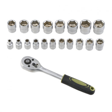 Set 20 piese Heinner CR-V, 3/8", 19 chei tubulare 6-24 mm dimensiune, cheie cu clichet reversibila 3/8"