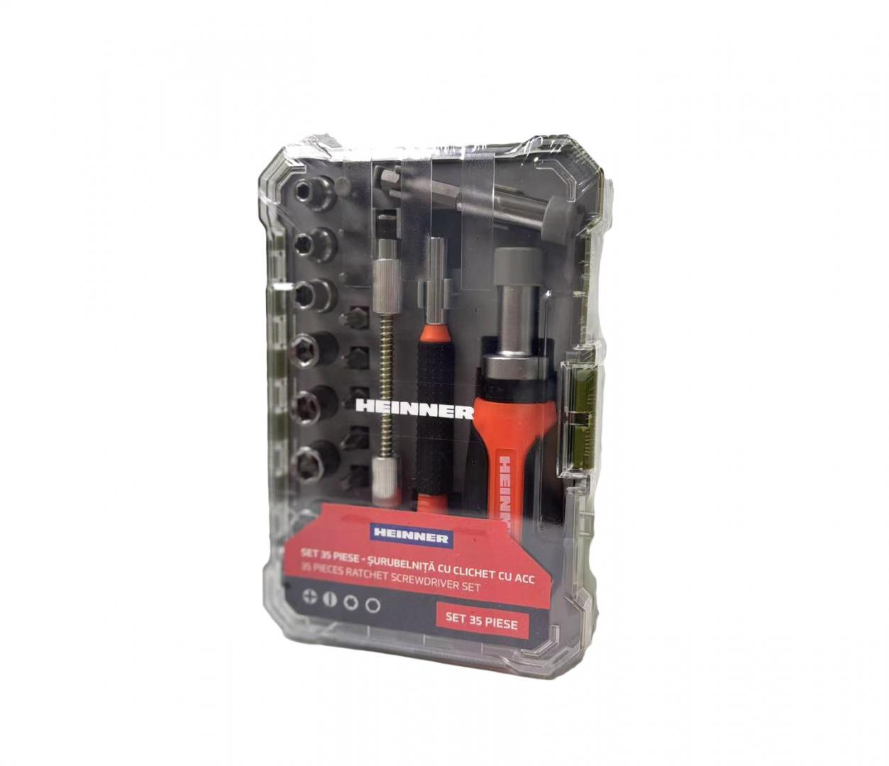 Heinner Set 35 Piese - Surubelnita Cu Clichet Cu AccSet 35 accesorii Heinner PCSS019, surubelnita cu clichet, surubelnita precisa, biti, biti precizie, tubulare din otel carbon, adaptor biti, extensie biti, extensie flexibila