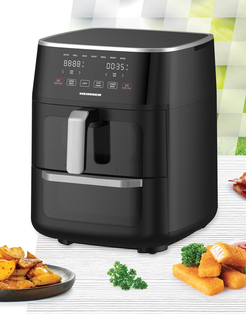 Friteuza dubla cu aer cald Heinner OvenFry Cook HAFO-M11BK1700, 1550-1850W, capacitate 11L, panou de comanda electronic, 10 programe presetate, timp maxim de preparare: 90 min, fereastra supraveghere si lumina interioara, Negru