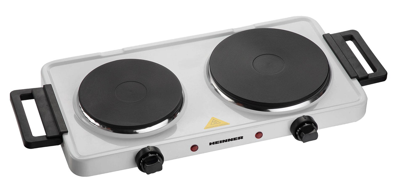 Plita electrica dubla HEINNER HDHP-KH2500WH, 2500 W, 2 plite din fonta, 18.5 cm + 15.5 cm, Termostat ajustabil, Protectie supraincalzire Alb