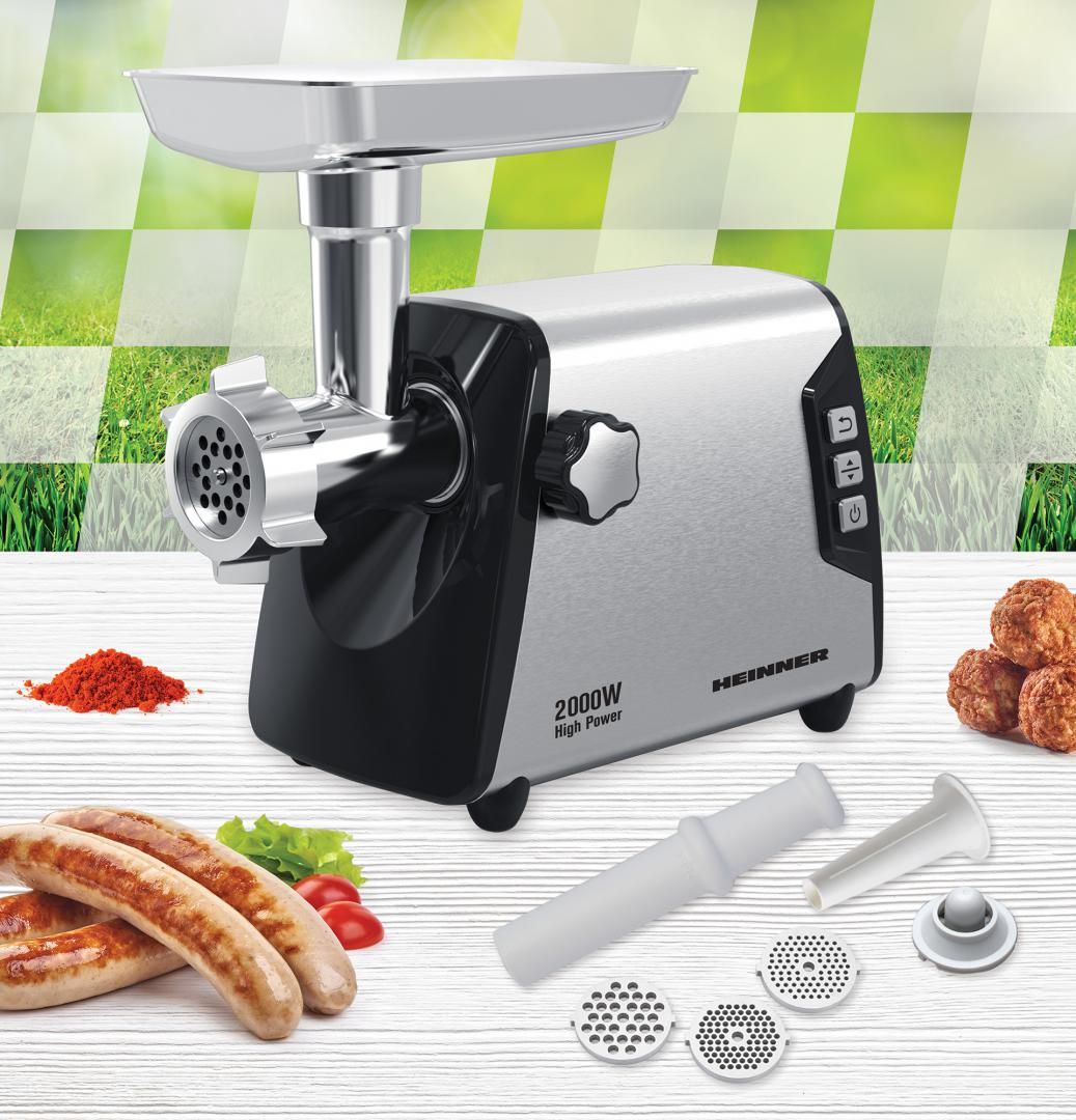 MASINA DE TOCAT HEINNER BLADE PRO HMG-Y2000SS, Putere 2000W, 3kg/min, Angrenaj metalic, Carcasa din aluminiu, Cutit inox, 3 site metalice, Functie reverse, Negru/Argintiu