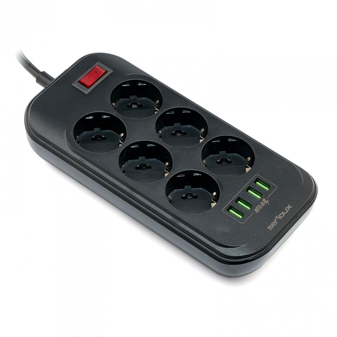 Prelungitor Cu Protectie Serioux, Prize Schuko, Input 100-240V, 50- 0Hz, Output (Total): - 10A, 4 Porturi Usb, 4 Porturi Usb (5V- 3.1A) (Auto Max) 17W, Amperaj Port Usb (Max) 3.4A, Functie Auto Id, Antistatic, Buton Power/Off, Lungime Cablu 2M,, Srxp-Psb