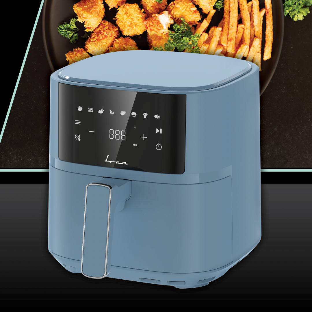 Friteuza cu aer cald Fram FAF-B6BL17SQ, 1700W-2200W, capacitate 5.7L, 8 programe presetate, panou de comanda electronic, timp maxim de preparare: 60 min, Albastru