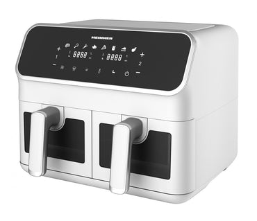 Friteuza dubla cu aer cald Heinner DualFry Supreme HAF-H8DB17WH, 1700W, capacitate totala: 8L, display digital, control touch, control individual, 8 programe, functii SYNC & MATCH, ferestre supraveghere, alb