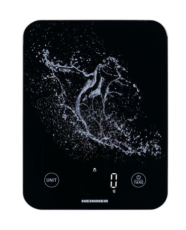 Cantar de bucatarie Heinner HKS-BK10USB, 10kg, sticla securizata 3mm, display led, control touch, gradare: 1g, functie Cantarire lichide, incarcare type-c, acumulator li: 3.7v, negru