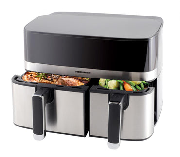 Friteuza dubla cu aer cald Heinner ProDual Fusion HAF-H9DB17BKS, 1700W, capacitate totala: 8.6L, display digital, control touch, control individual, 8 programe, functii SYNC&MATCH, gri/silver