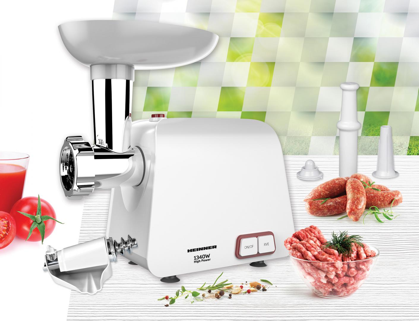 MASINA DE TOCAT HEINNER MG-1340WH, Putere 1340W, 1,2kg/min, Accesoriu de rosii si carnati, Cutit din inox, Functie reverse, 2 site de tăiere, Alb