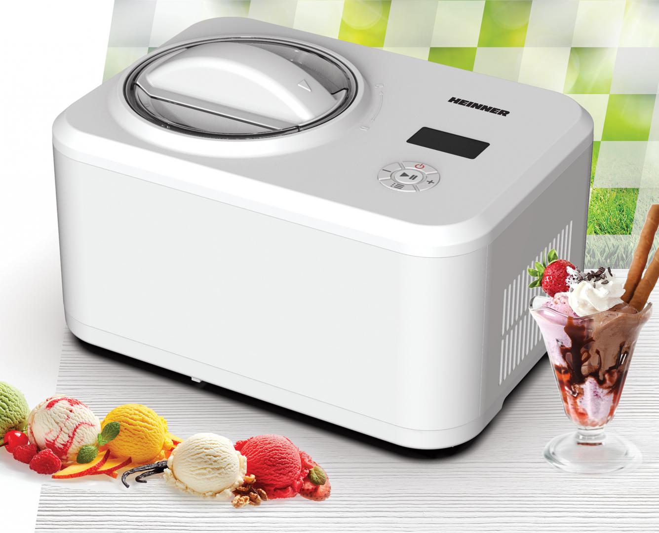 Aparat pentru preparat inghetata Heinner Glace HICM-150WHYG, Capacitate bol 1.5L, Compresor incorporat, Dsiplay LED, Timer, Mentinere la rece, Functie iaurt, Bol inghetata detasabil, 150W, Alb