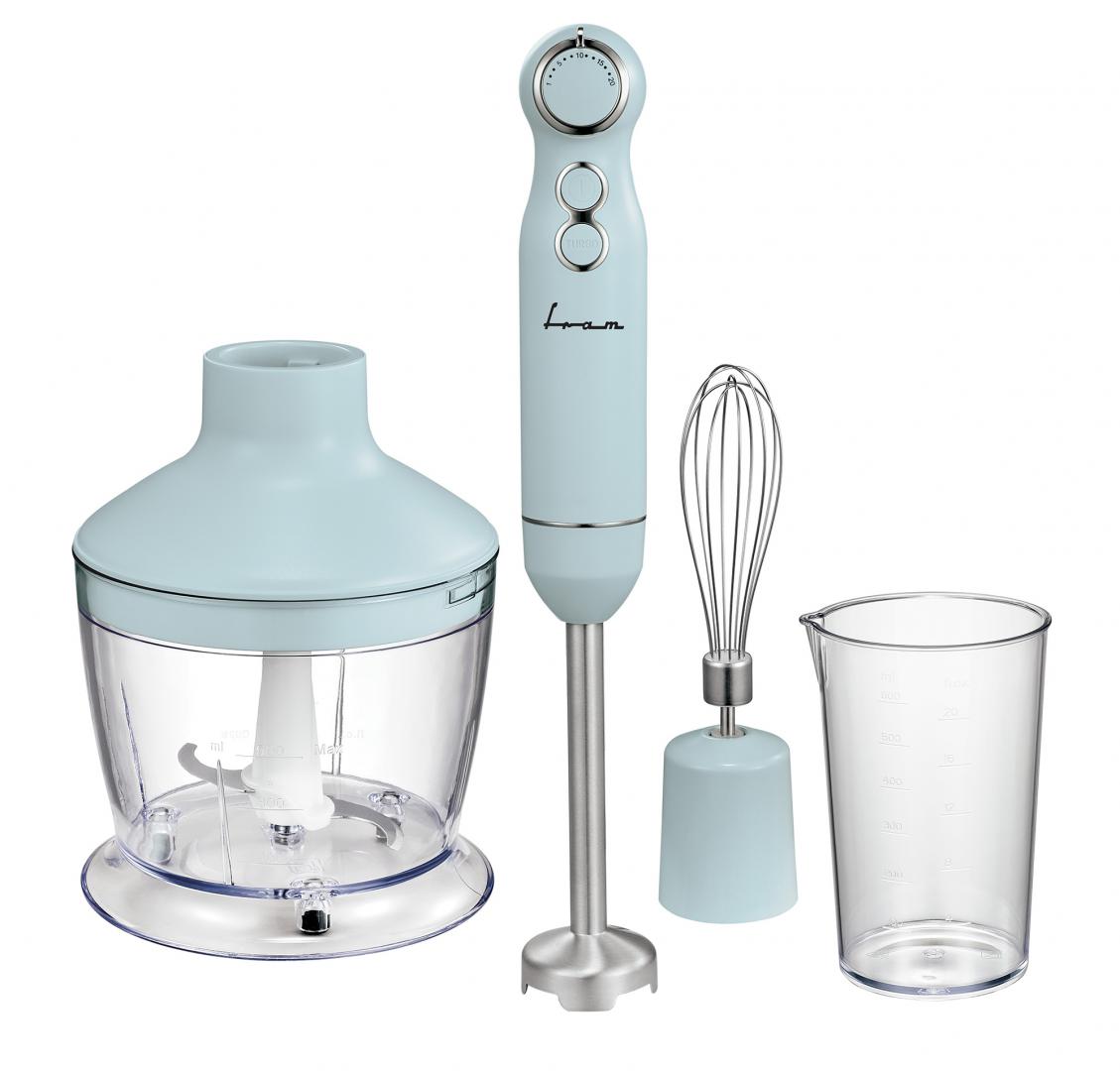 Mixer vertical Fram FHBL-RAC1200BL, 1200W, viteza variabila, functie Turbo, accesorii: tocator, tel, cana de mixat, picior blender din inox, motor DC, capacitate tocator: 500 ml, capacitate cana de mixare: 600 ml, buton ON/OFF