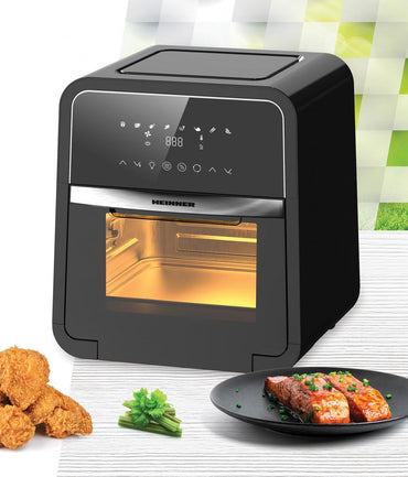Friteuza cu aer cald Heinner Masterfry HAF-B12BK2000, 2000w, functie cuptor, capacitate: 12l, display digital cu control touch, timer 60 min, deshidratare 24h, temperatura 30-200 grade, 8 programe presetate, 3 nivele de gatire, oprire automata, negru