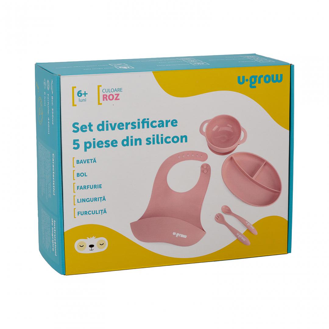 Set Diversificare 5 Piese Silicon : Baveta, Bol, Farfurie, Lingurita Si Furculita, U-Grow
