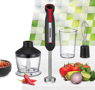Mixer vertical Heinner HHB-DC1200BKRD, 1200w, motor DC, viteza variabila + turbo, picior blender inox, lame inox, accesorii: tel, tocator (500ml), cana mixat (600ml), negru/rosu