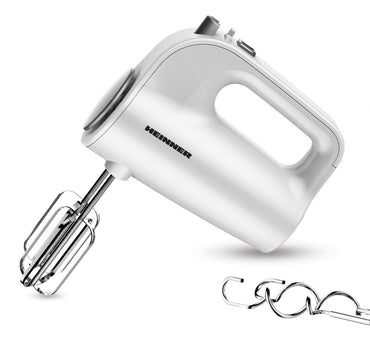 Mixer de mana Heinner HM-300WH, 300W, 5 viteze, functie Turbo, accesorii din inox, alb