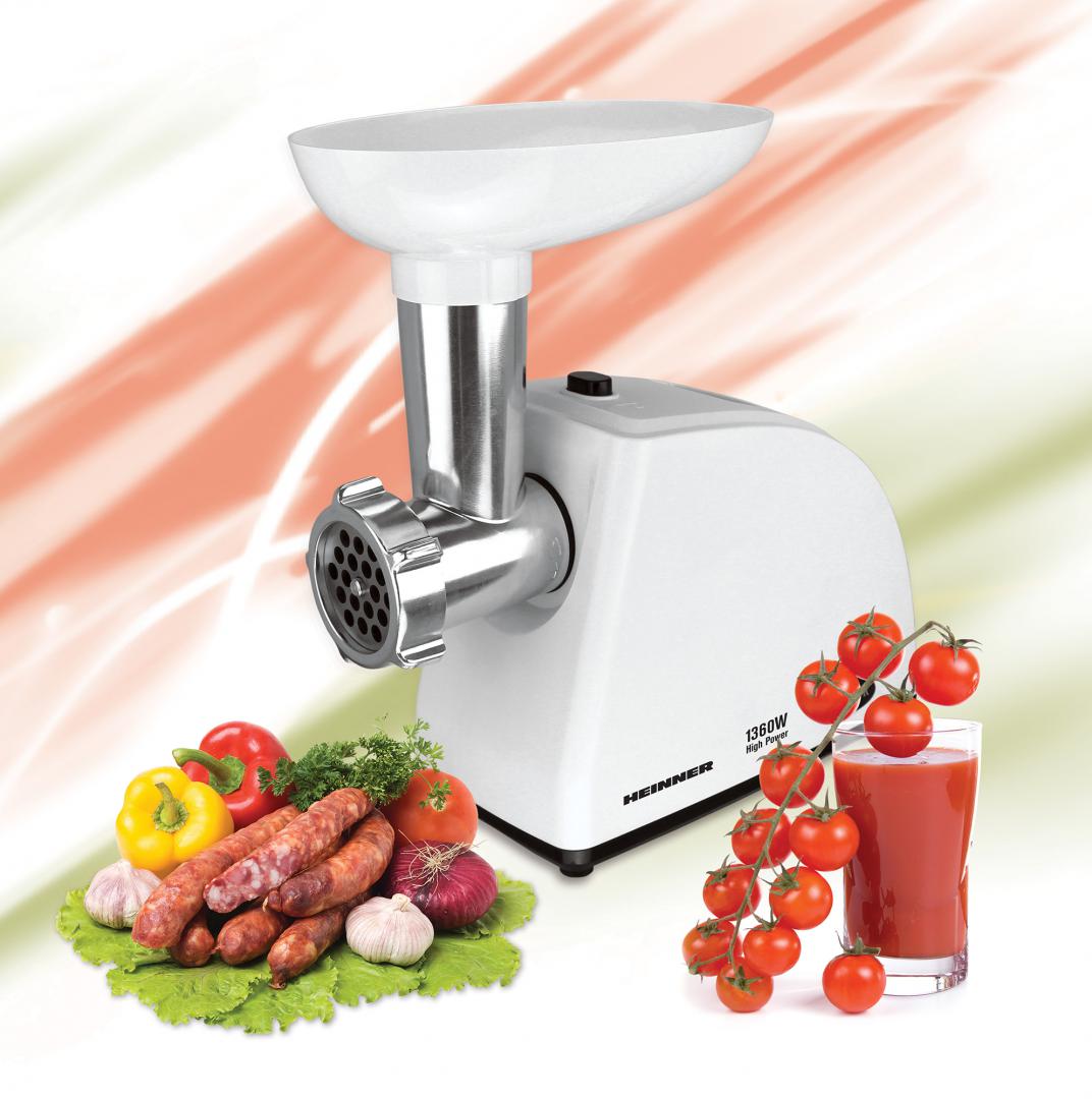 Masina de tocat Heinner MG-W1200R, 1360W,1.5 kg/min, accesoriu rosii, accesoriu carnati, cutit inox, 3 site taiere, alb